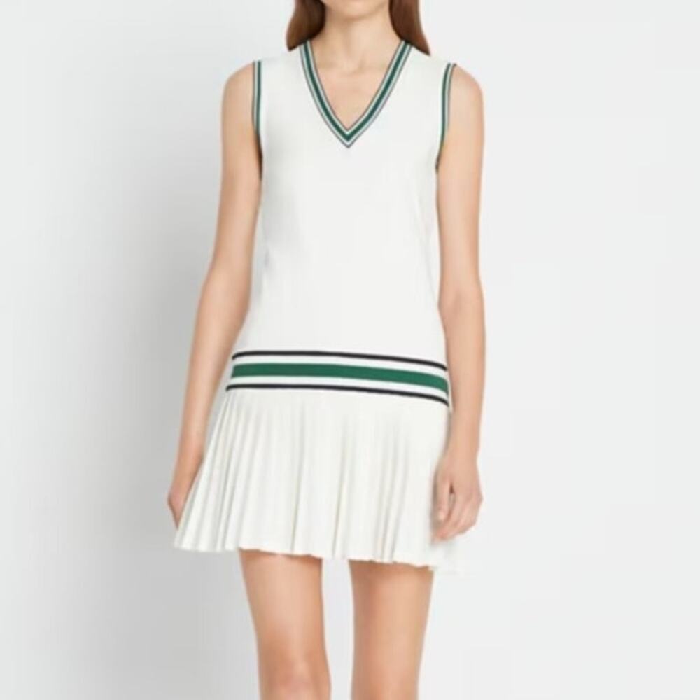 Tory Burch Sport Performance Jersey V-neck Tennis Dress in Snow White Evergreen